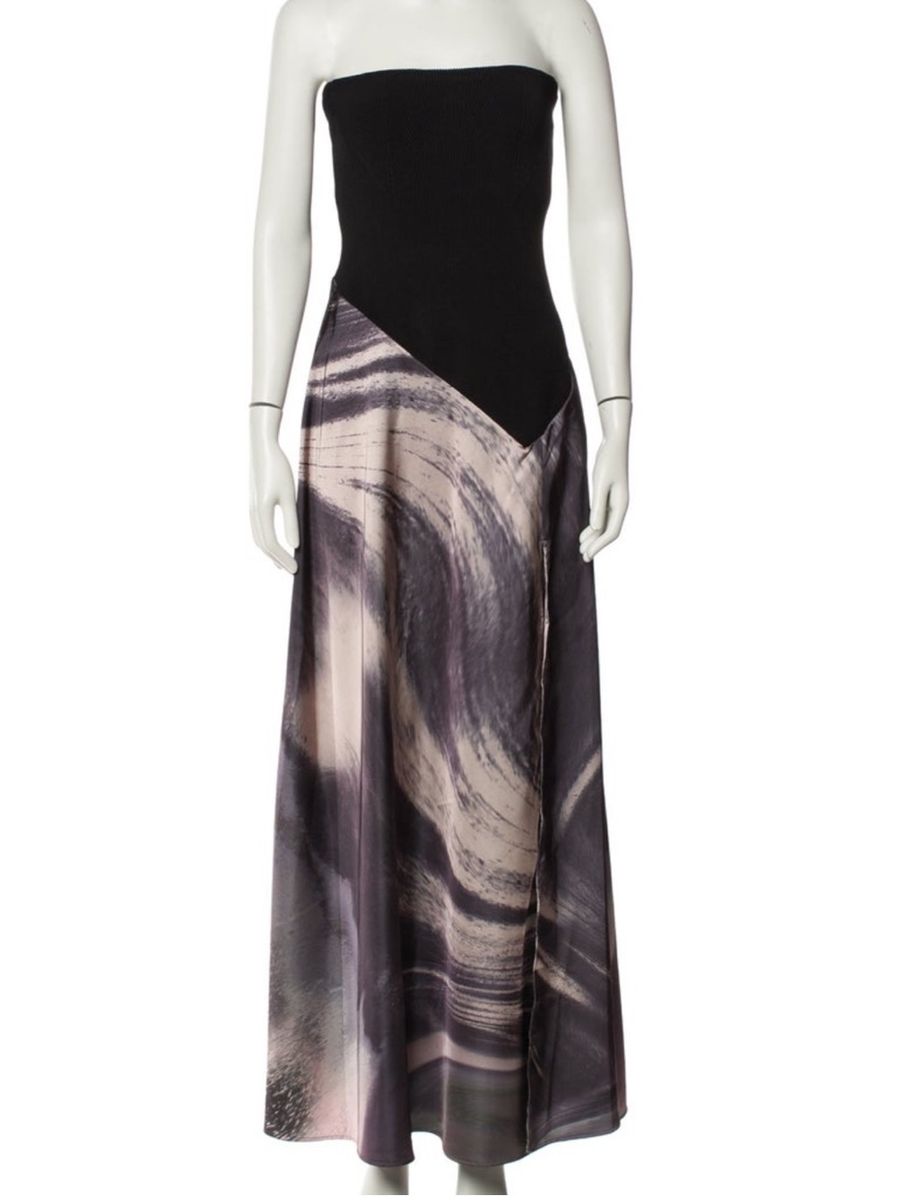 Strapless Black Bodice with Swirl-Print Mauve Maxi Dress